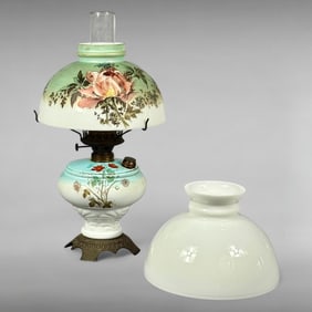 Antique Victorian Hand-Painted Floral Milk Glass Oil Lamp