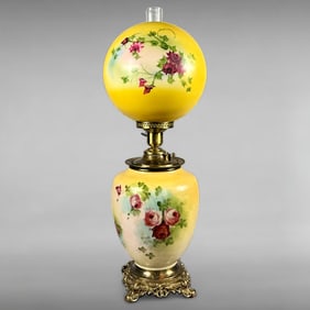 Antique Victorian Hand-Painted Floral Glass Parlor Lamp