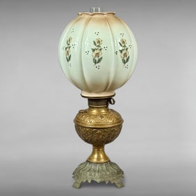 Victorian Gone with the Wind Parlor Lamp with Brass Base and Milk Glass Globe