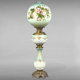 Antique Opaline Glass oil Lamp with Morning Glory Motifs, Converted to Electric
