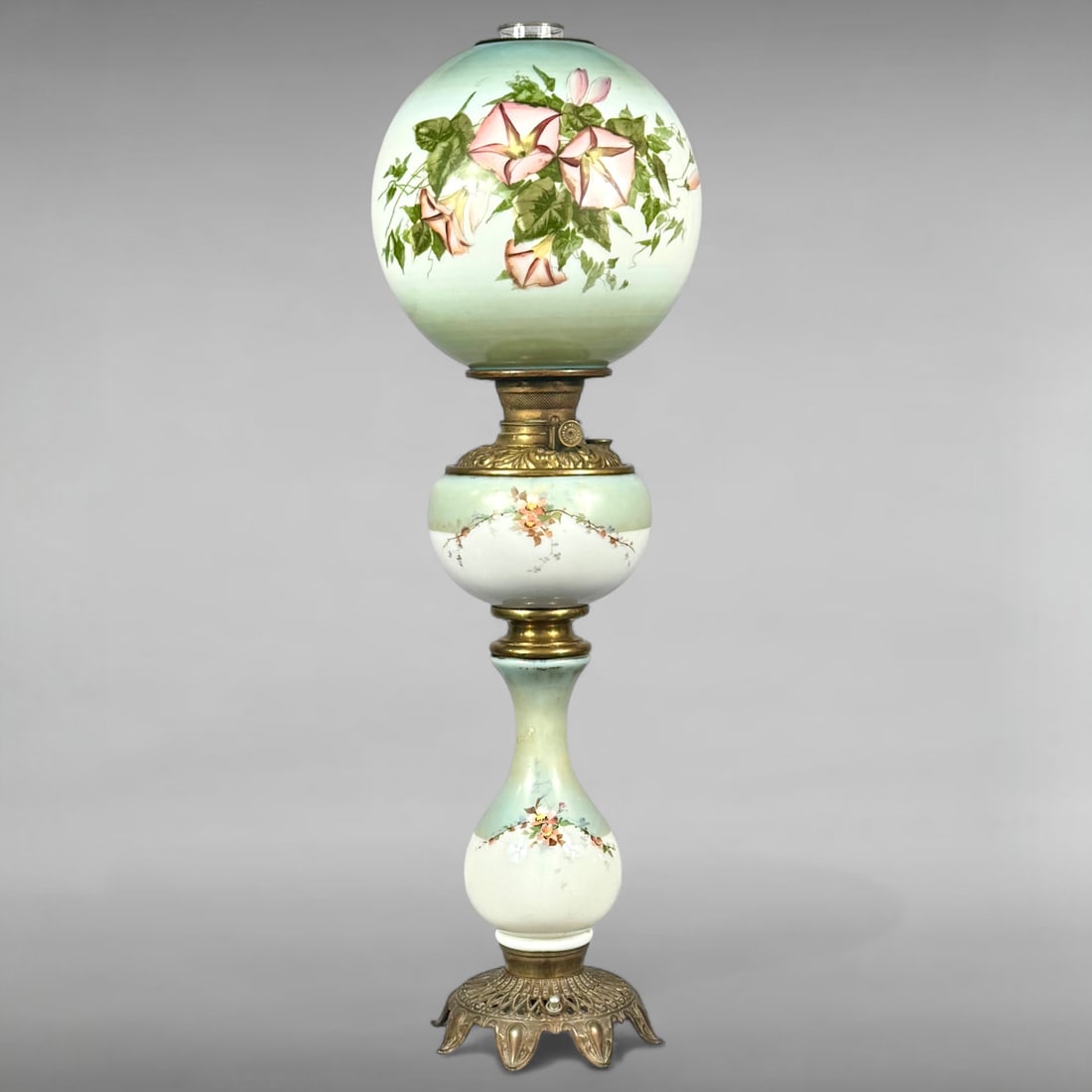 Antique Opaline Glass oil Lamp with Morning Glory Motifs, Converted to Electric (1 of 13)