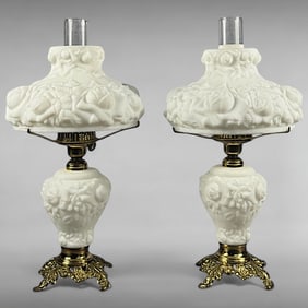 Pair of Vintage Fenton Cased Glass Puffy Rose White GWTW Table Lamps