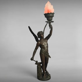 French Art Nouveau Figural Spelter Lamp by V. Cherrier Depicting Vulcan