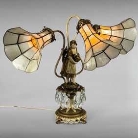 Vintage Figural Table Lamp with Capiz Shell Shades and Crystal Prisms