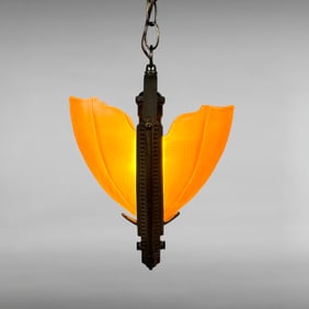 Art Deco Amber Glass Slip Shade Pendant Lamp with Rose Floral Motif