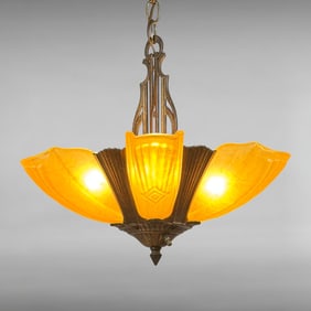 1930s Art Deco Amber Glass Slip Shade Chandelier