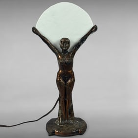 Vintage Art Deco Style Female Figural Lamp with Fan Shade Panel
