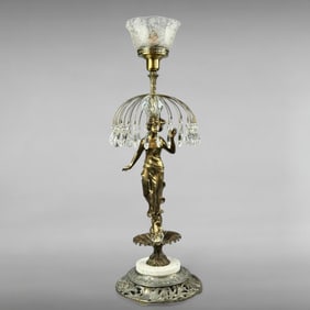 Antique Art Nouveau Parlor Lamp with Crystal Prisms and Shade