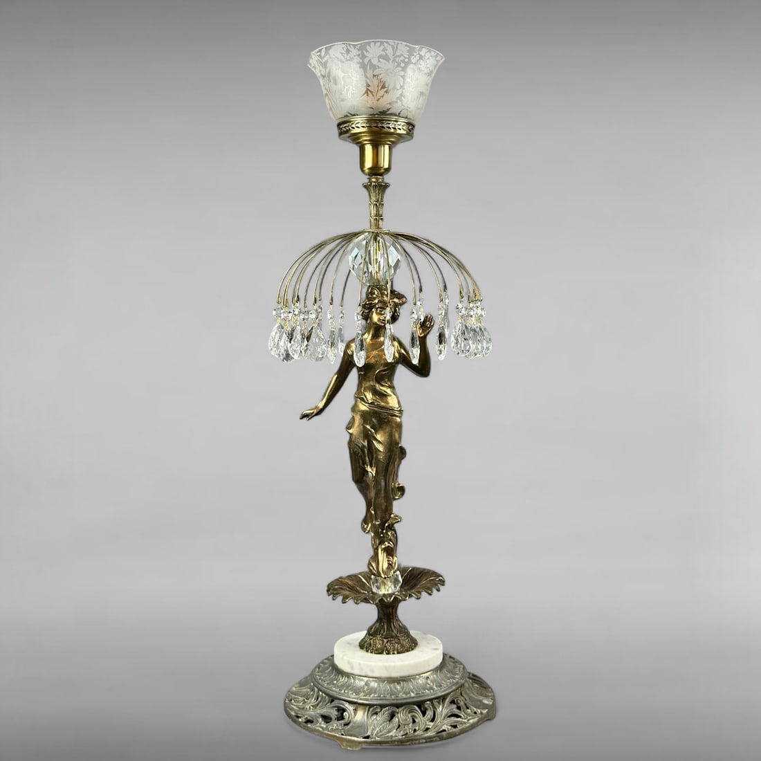 Antique Art Nouveau Parlor Lamp with Crystal Prisms and Shade (1 of 10)