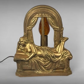 Vintage Art Nouveau Spelter Figural Lamp Base with Reclining Woman