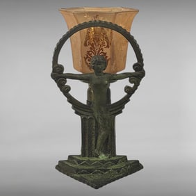 Antique Art Nouveau Figural Lamp with Etched Glass Shade