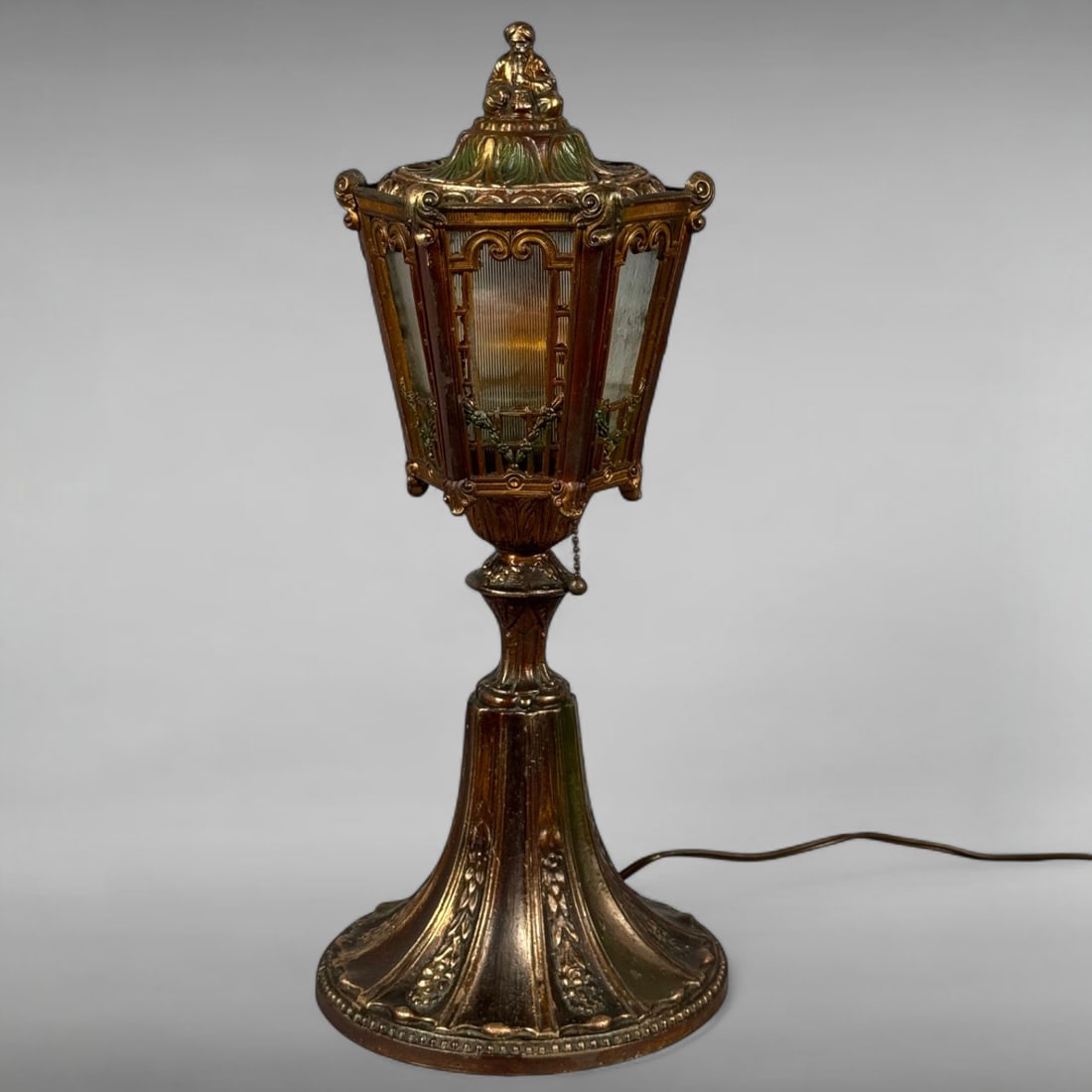 Vintage Art Nouveau Ribbed Glass Accent Lamp, c. 1920s: This striking vintage accent lamp, attributed to the Pittsburgh Lamp, Brass and Glass Company's renowned Pilabrasgo line, circa 1920s, exemplifies the sophistication of Art Nouveau design. Boasting an