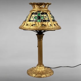 Antique-Style Art Nouveau Leaded Glass Table Lamp with Floral Motif
