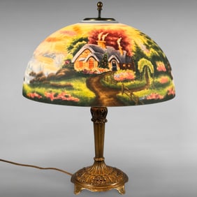 Vintage Thomas Kinkade Inspired Reverse Painted Scenic Table Lamp