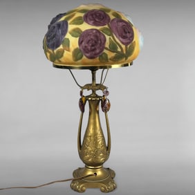 Vintage Art Nouveau Reverse Painted Rose Glass Shade Table Lamp with Crystal Prisms