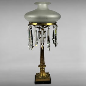 Antique Empire Style Brass Parlor Lamp with Crystal Prisms and Frosted Glass Shade