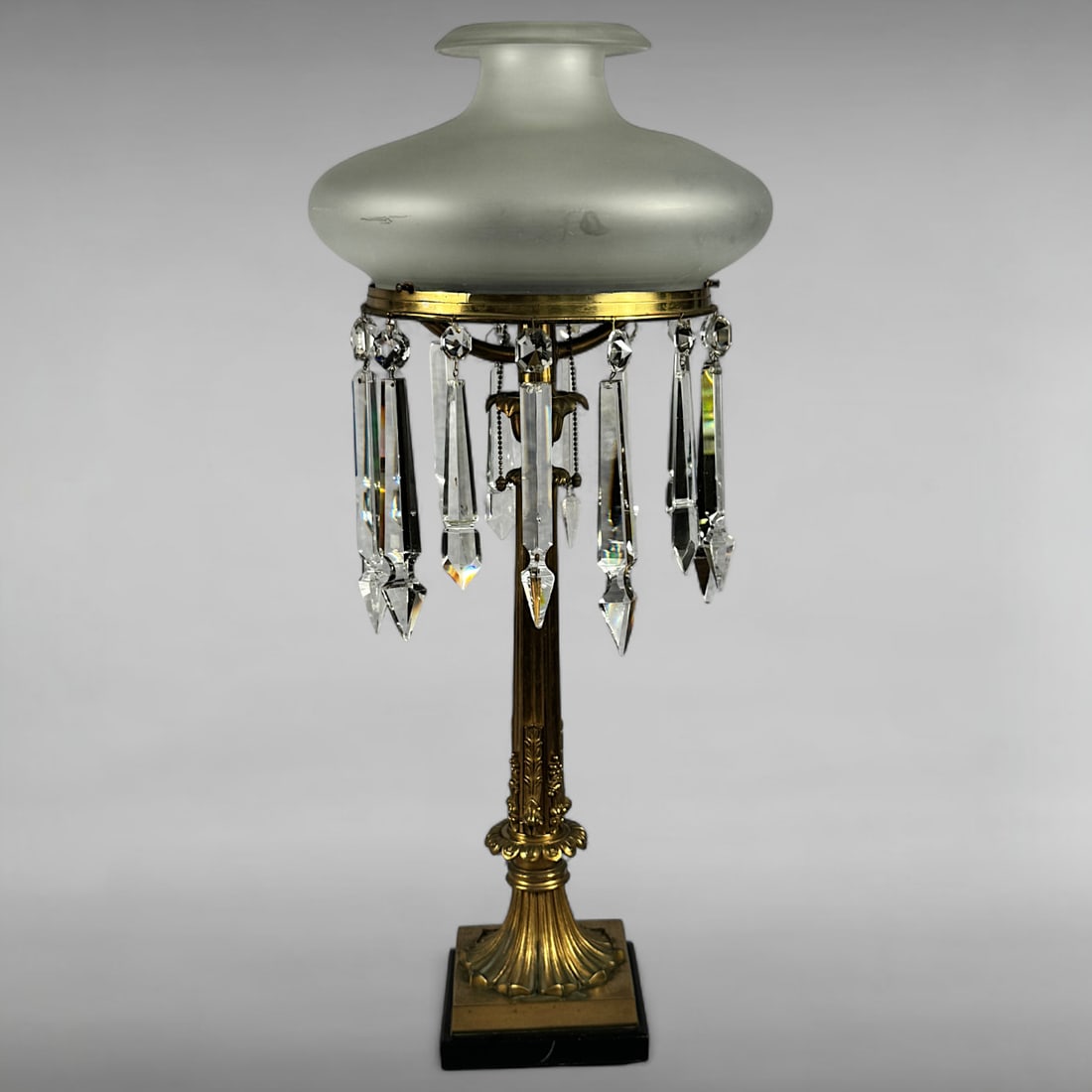 Antique Empire Style Brass Parlor Lamp with Crystal Prisms and Frosted Glass Shade (1 of 10)