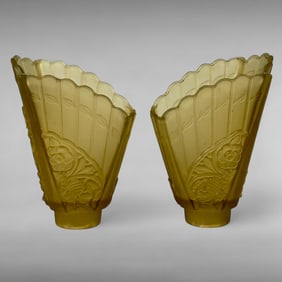 Pair of Art Deco Citron Yellow Frosted Glass Sconce Globes with Floral Relief