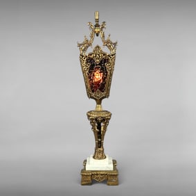 Vintage Moroccan Style Brass and Marble Table Lamp with Multi-Colored Glass Panels