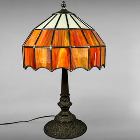 Vintage Tiffany Style-Stained Glass Table Lamp with Orange Sunset Shade