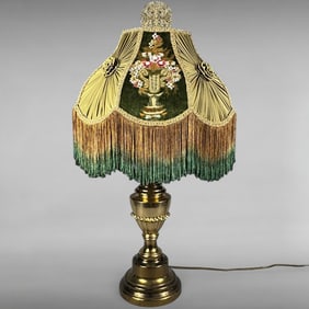 Vintage Brass Table Lamp with Embroidered Fringed Shade