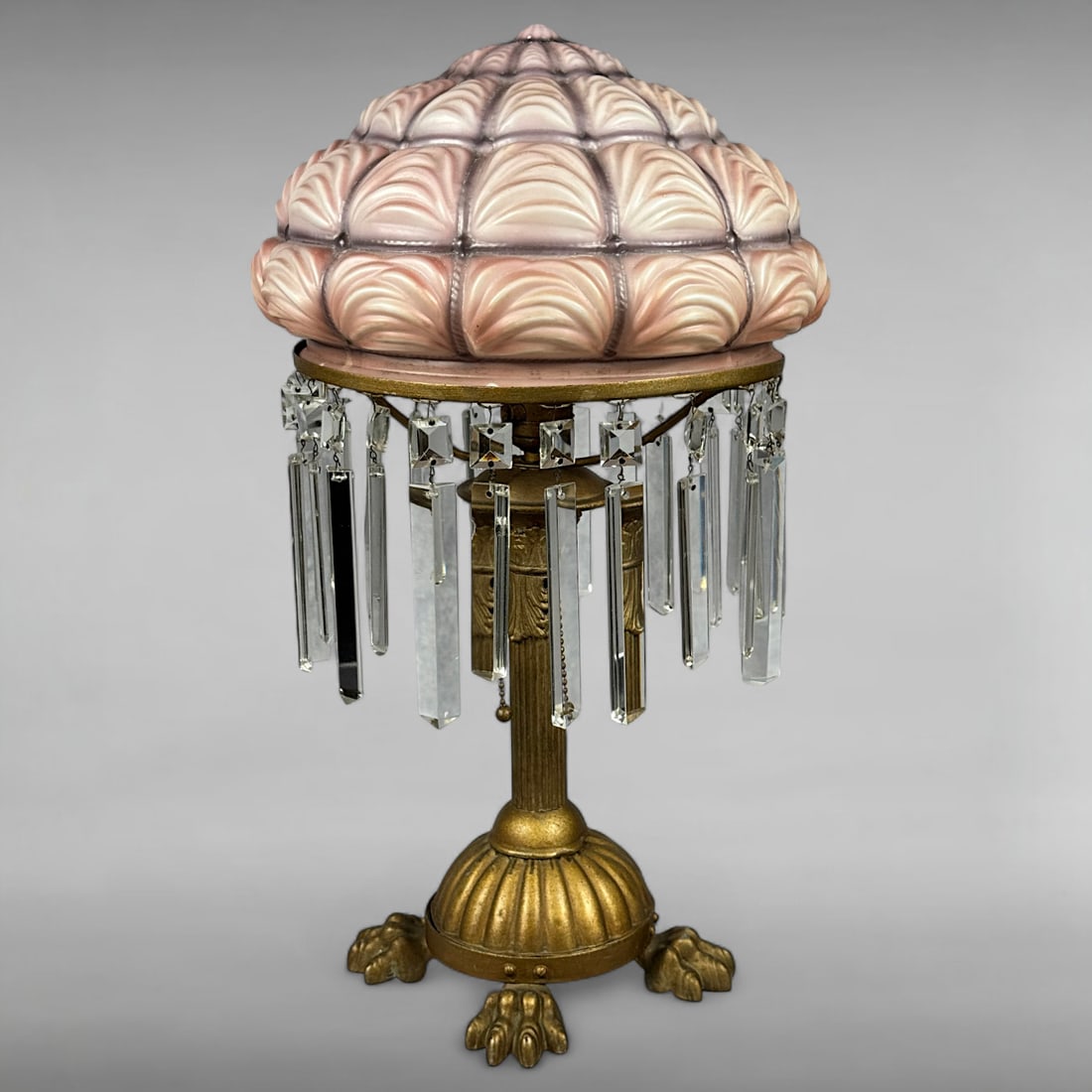 Vintage Pink Quilted Glass Parlor Lamp with Crystal Prisms and Gilt Claw Foot Base (1 of 10)