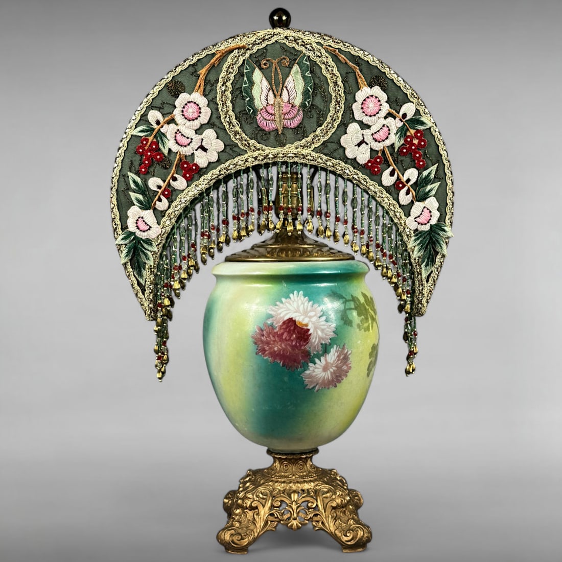 Mid 20th century Hand-Painted Lamp with Embroidered Beaded Shade: Victorian Revival Lamp • Mid 20th Century • Hand-painted porcelain or ceramic base in turquoise and yellow with floral motifs • Mounted on gilt spelter rococo-style foot • Green em
