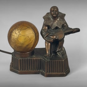 Vintage Art Deco Minstrel Harlequin Figural Accent Lamp with Crackle Glass Globe