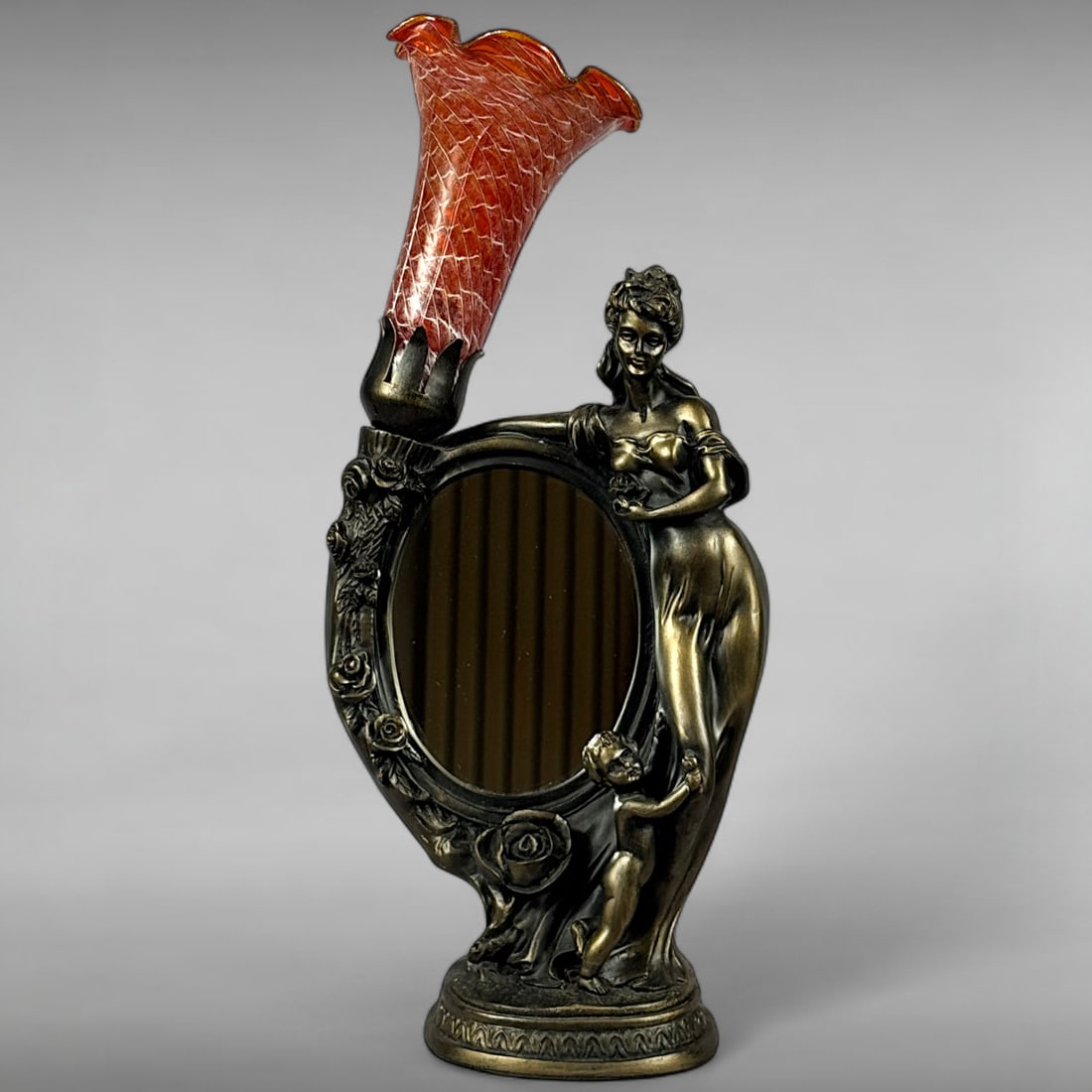 Vintage Reproduction Tulip Shade Lamp: Reproduction Vintage Lamp • Tulip Shade with Elegant Figural Base • Charming reproduction lamp with tulip-shaped glass shade • Beautifully detailed resin base featuring an elegant figur