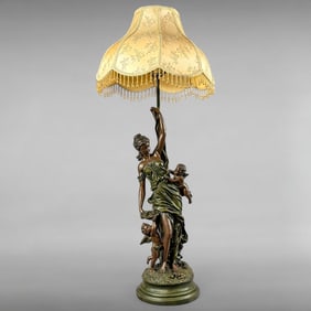 Contemporary Neoclassical Figural Resin Table Lamp with Female Figure and Cherubs