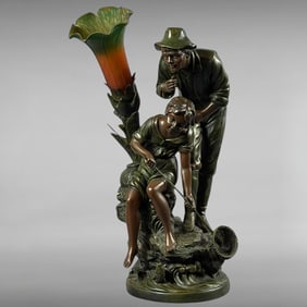 Vintage Art Nouveau Style Figural Fishing Lamp with Man and Boy Sculpture