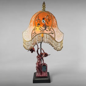Art Nouveau Reproduction Table Lamp with Fringe Shade