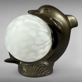 Vintage Art Deco Cast Metal Dolphin Satin Glass Figural TV Lamp