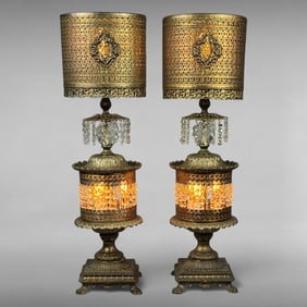 Pair of Vintage Hollywood Regency Brass Filigree and Crystal Prism Table Lamps