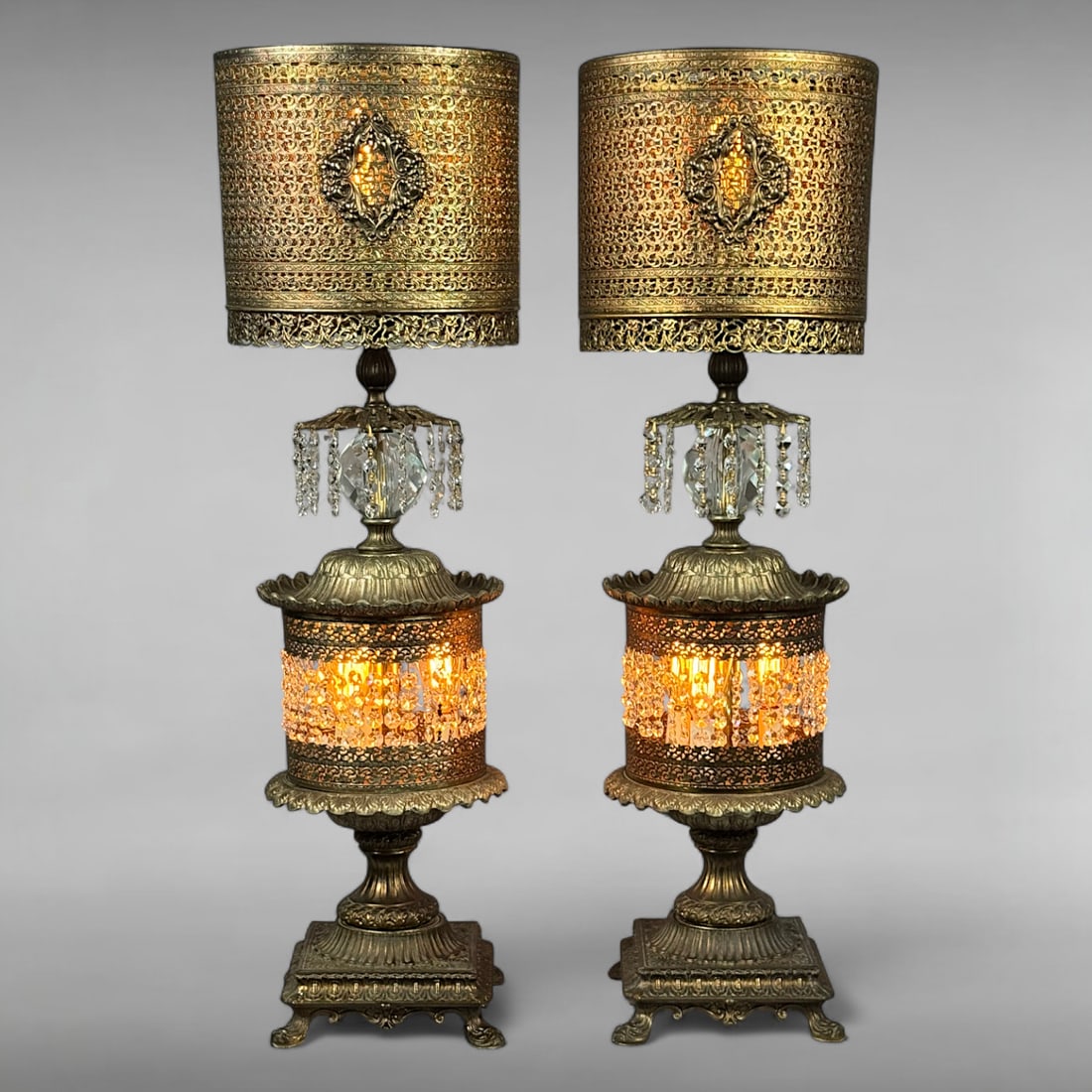 Pair of Vintage Hollywood Regency Brass Filigree and Crystal Prism Table Lamps