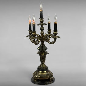 Vintage Five-Arm Hollywood Regency Brass Candelabra Table Lamp