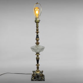 Vintage Hollywood Regency Black Marble Base Table Lamp with Brass and Crystal Accents