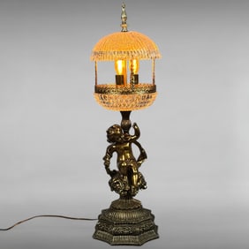 Vintage Hollywood Regency Cherub Brass and Crystal Table Lamp