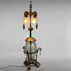 Vintage Hollywood Regency Diamond Cut Glass Table Lamp