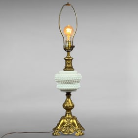 Vintage Hollywood Regency Milk Glass Hobnail Table Lamp