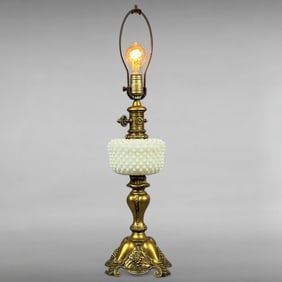 Vintage Hollywood Regency Hobnail Milk Glass Table Lamp with Ornate Gold Base
