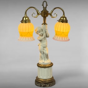Vintage Bisque Porcelain Cherub Table Lamp with Marble Base and Two Glass Shades