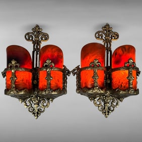 Pair of Vintage Hollywood Regency Gothic Style Wall Sconces with Marbled Amber Resin Shades