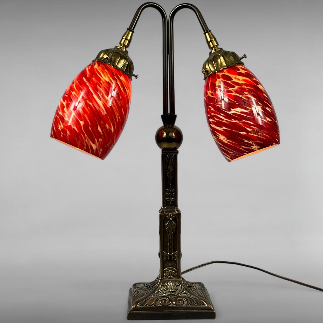 Vintage 1980s Art Deco Style Brass Double Arm Desk Lamp with Red Swirled Art Glass Shades (1 of 11)