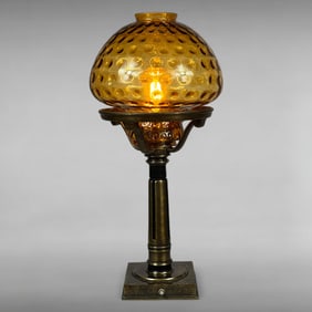 Vintage Amber Hobnail Glass Table Lamp with Brass Stem and Brass Base