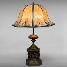 Antique Bronze Putti Table Lamp with a Foiled Fiber Glass Shade