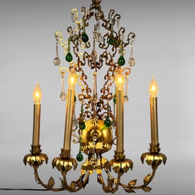 Vintage Italian Gold Finish 4-Light Wall Candelabra Sconce with Green and Clear Crystal Prisms