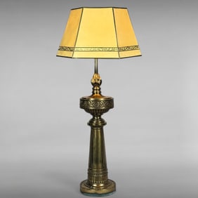 Vintage Brass Empire Revival Table Lamp with Flame Ornament