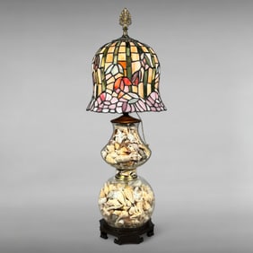 Vintage Nautical Seashell Filled Table Lamp with Tiffany Style-Stained Glass Shade