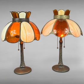 Pair of Antique Arts & Crafts Slag Glass Table Lamps